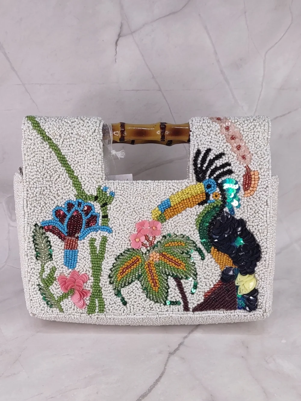 White Beaded Toucan Embellished Top-Handle Bag